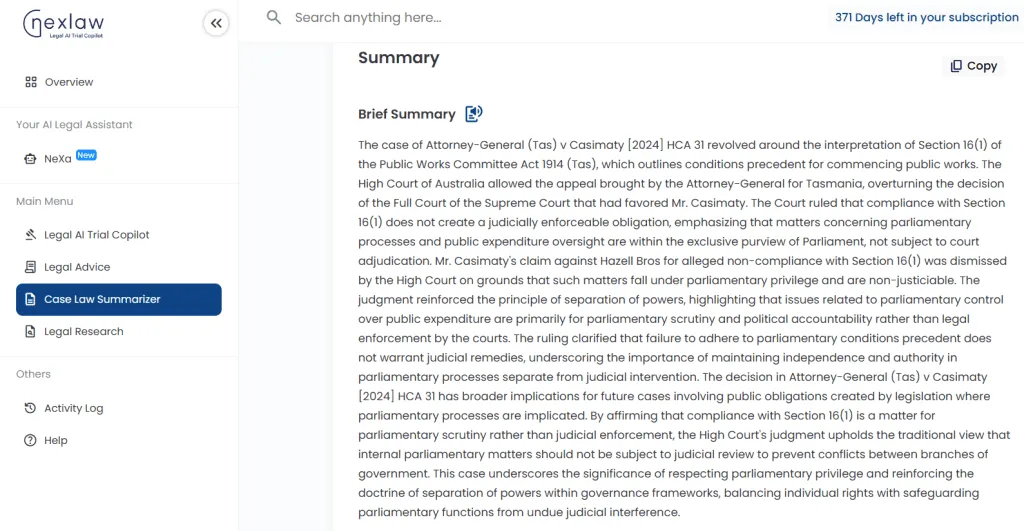 Case summary display