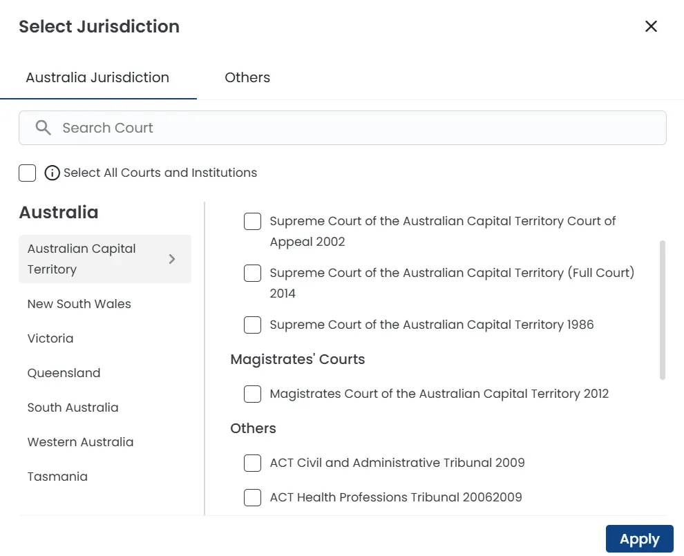 Courts and institutions selection