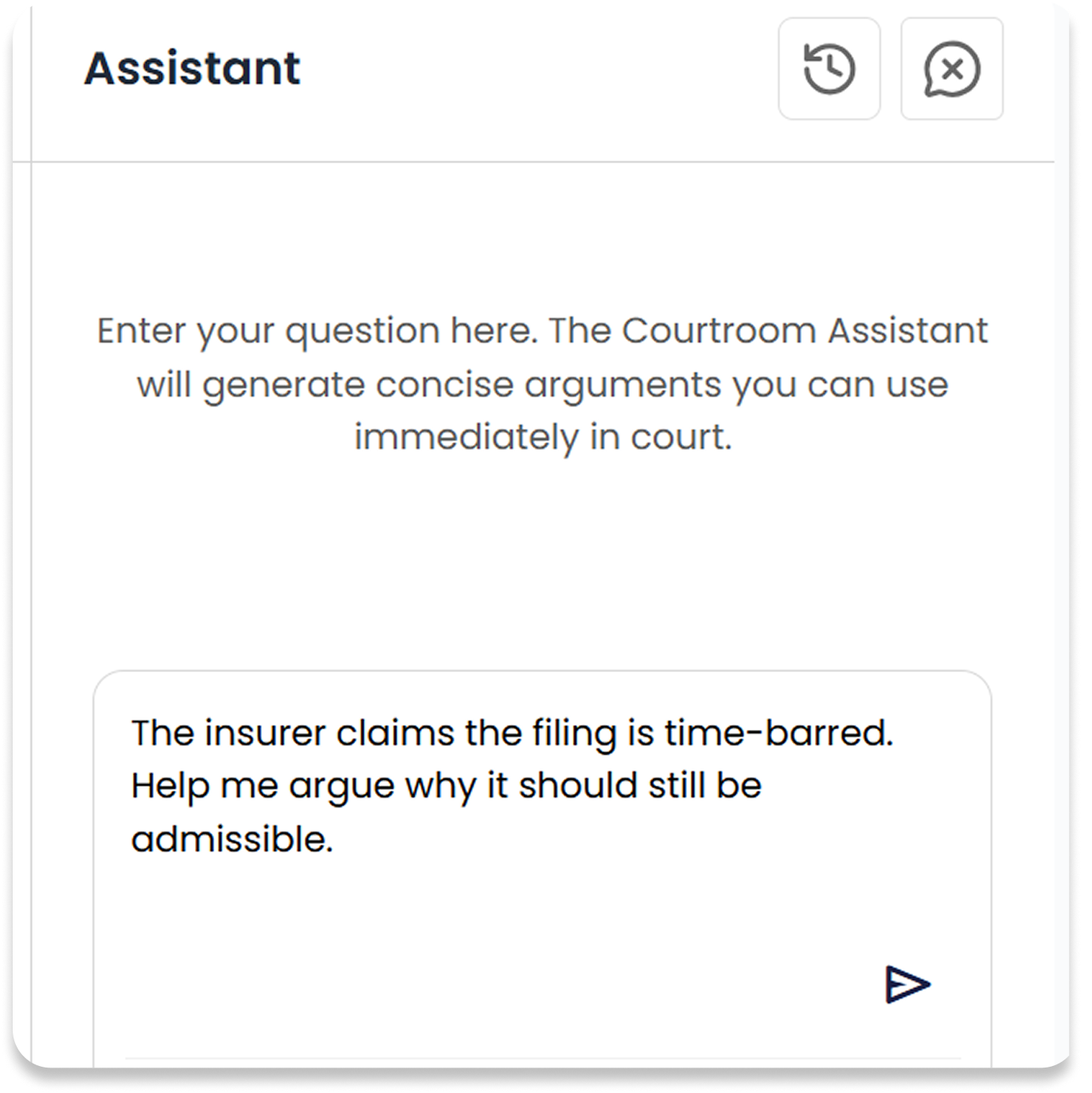 Placeholder showing the assistant answering a courtroom question