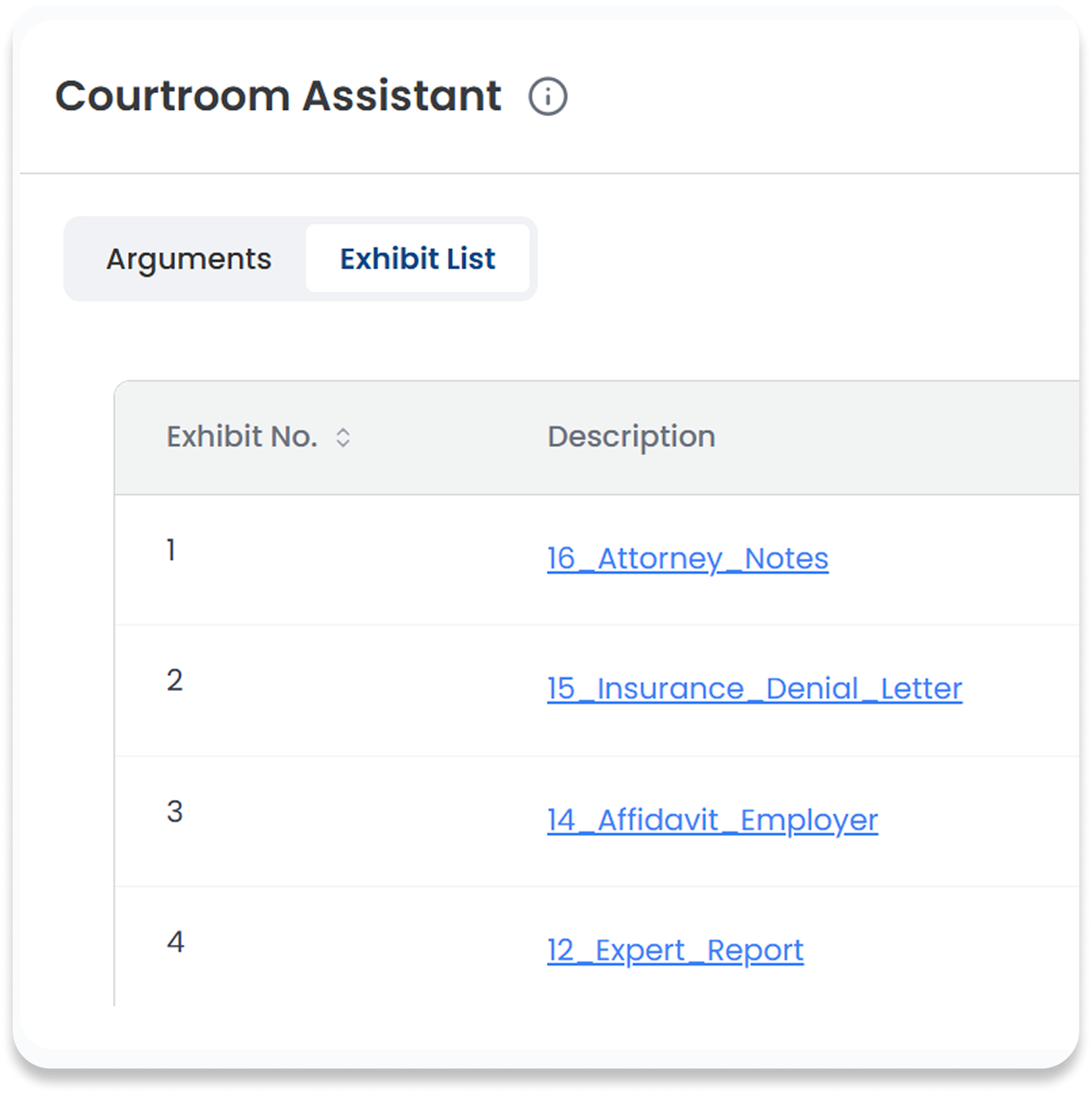 Placeholder showing exhibit list with linked references