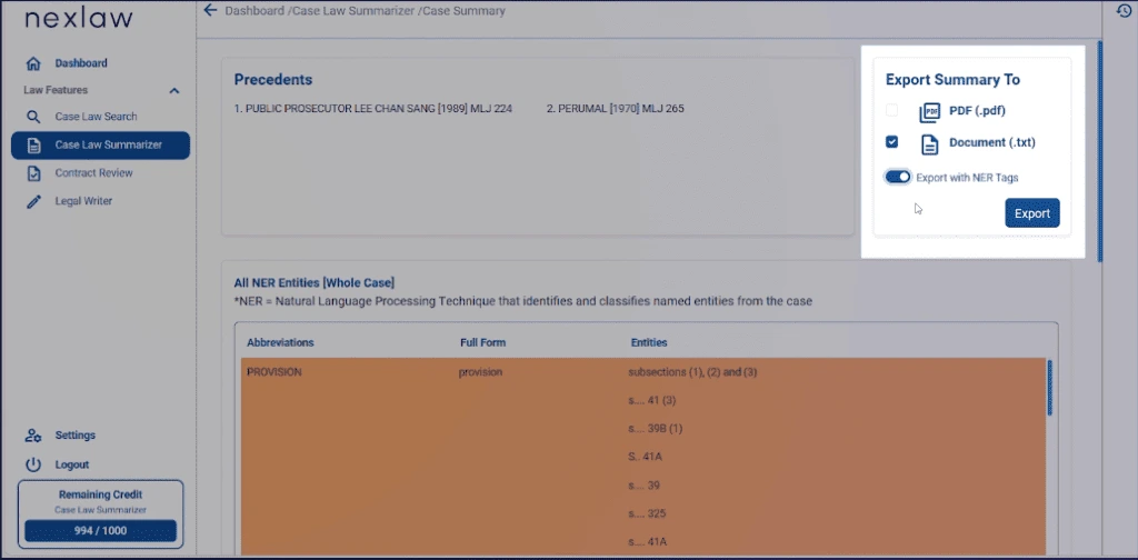 Export Options for Summary