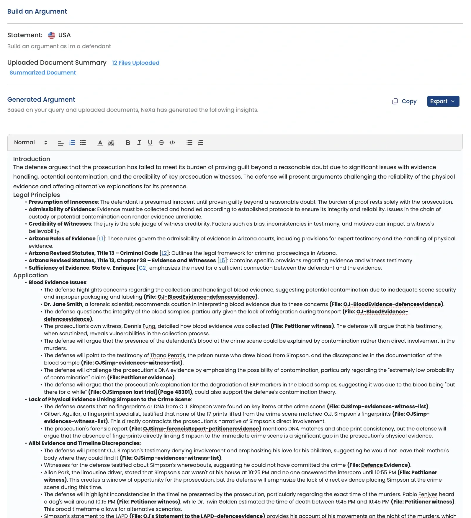 Nexa AI constructing a cite-verified legal argument framework for trial preparation.