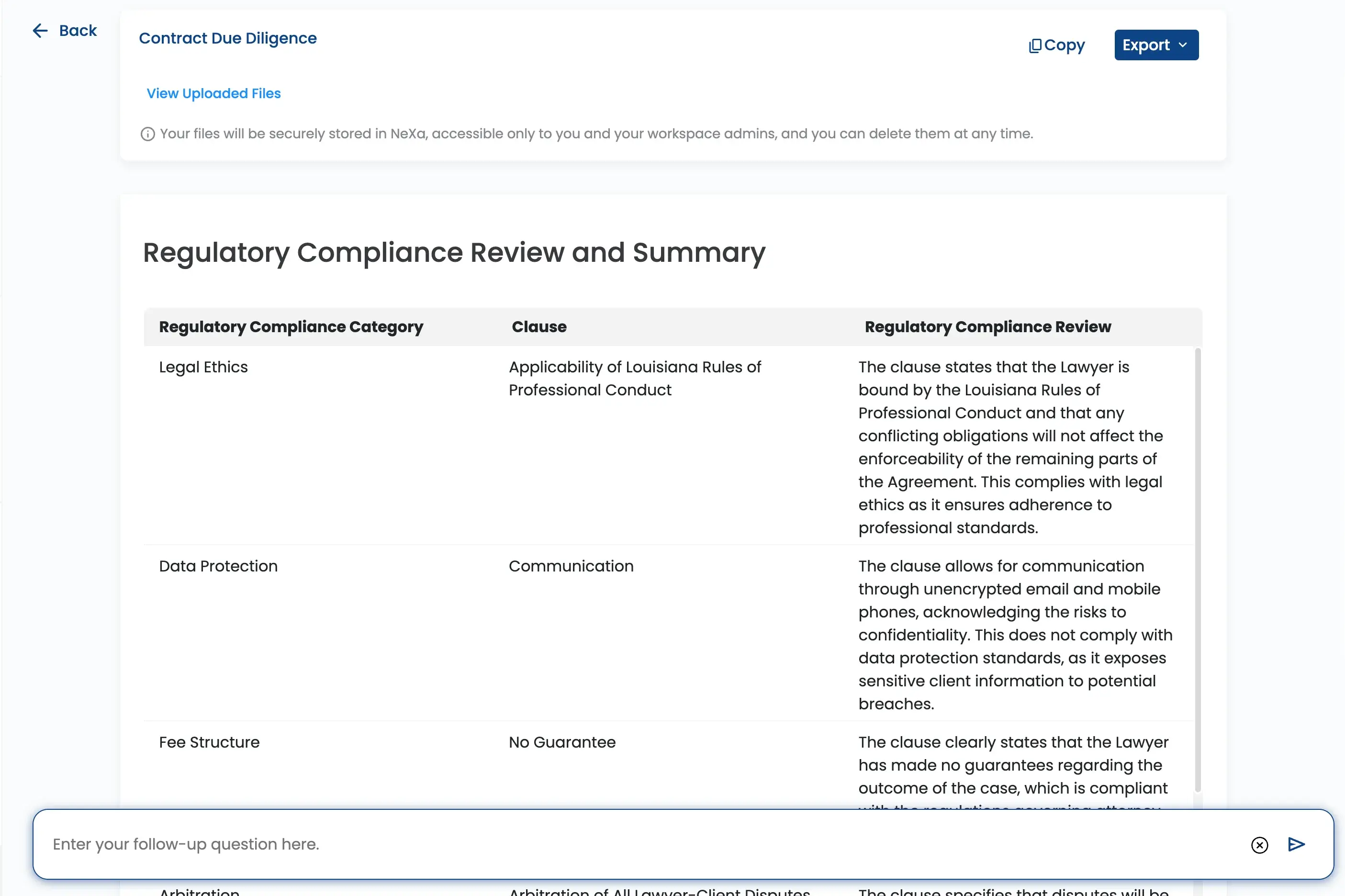 Nexa performing contract due diligence and regulatory compliance risk analysis.