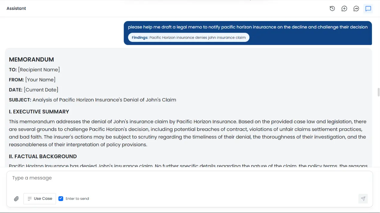Assistant drafting a legal memorandum with hyperlinked source citations.