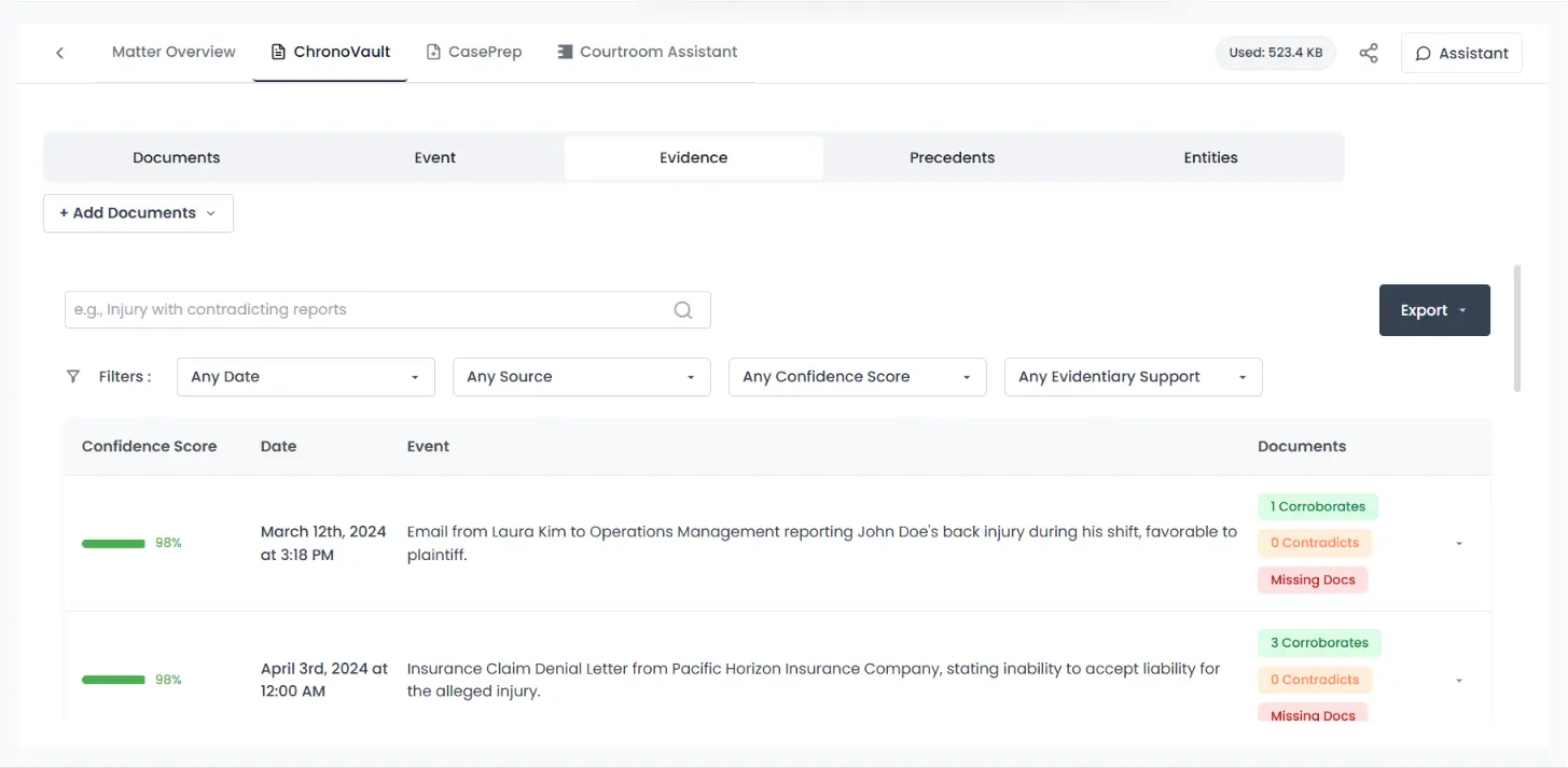 Tracking legal evidence and identifying liability shifts in ChronoVault dashboard.