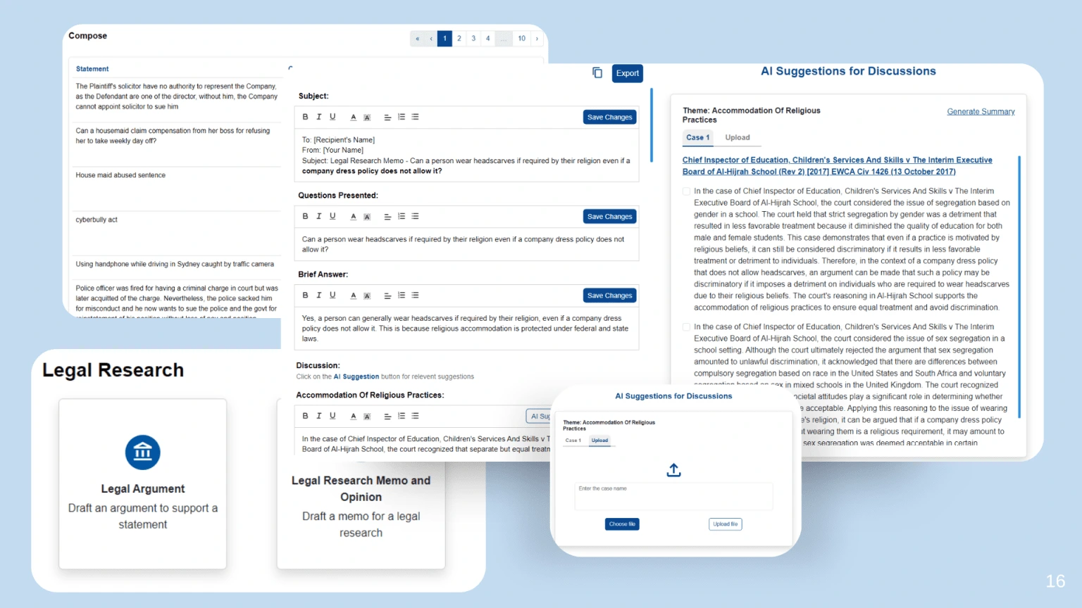 UI of a legal research tool showing a composer and AI suggestions for discussions.