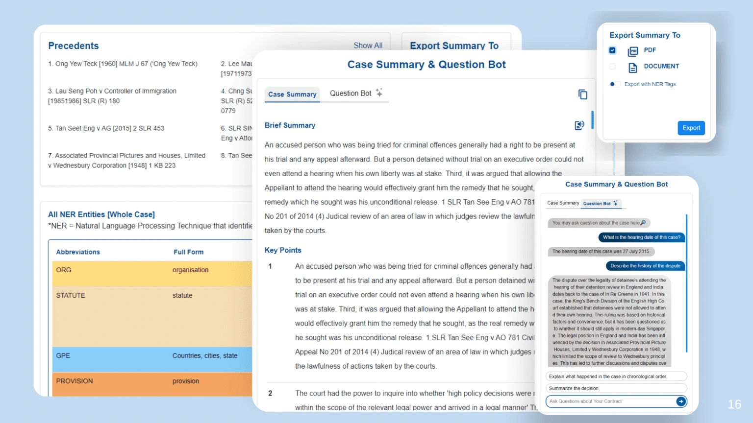 A UI screenshot showing legal case summaries and a question bot interface.