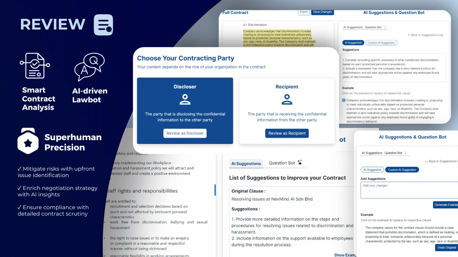 A UI screenshot of a contract review tool with smart analysis and an AI-driven lawbot.