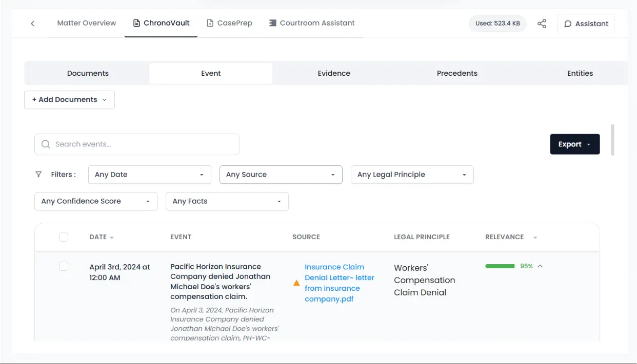 Building an evidentiary timeline with cite-verified legal events in ChronoVault.
