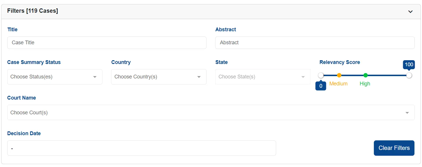 Search results with filtering options