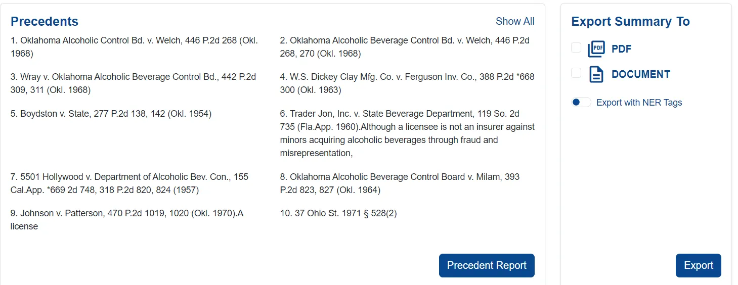 Precedents section with Precedent Report button