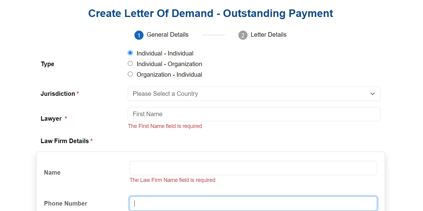 Enter Details for Demand Letter