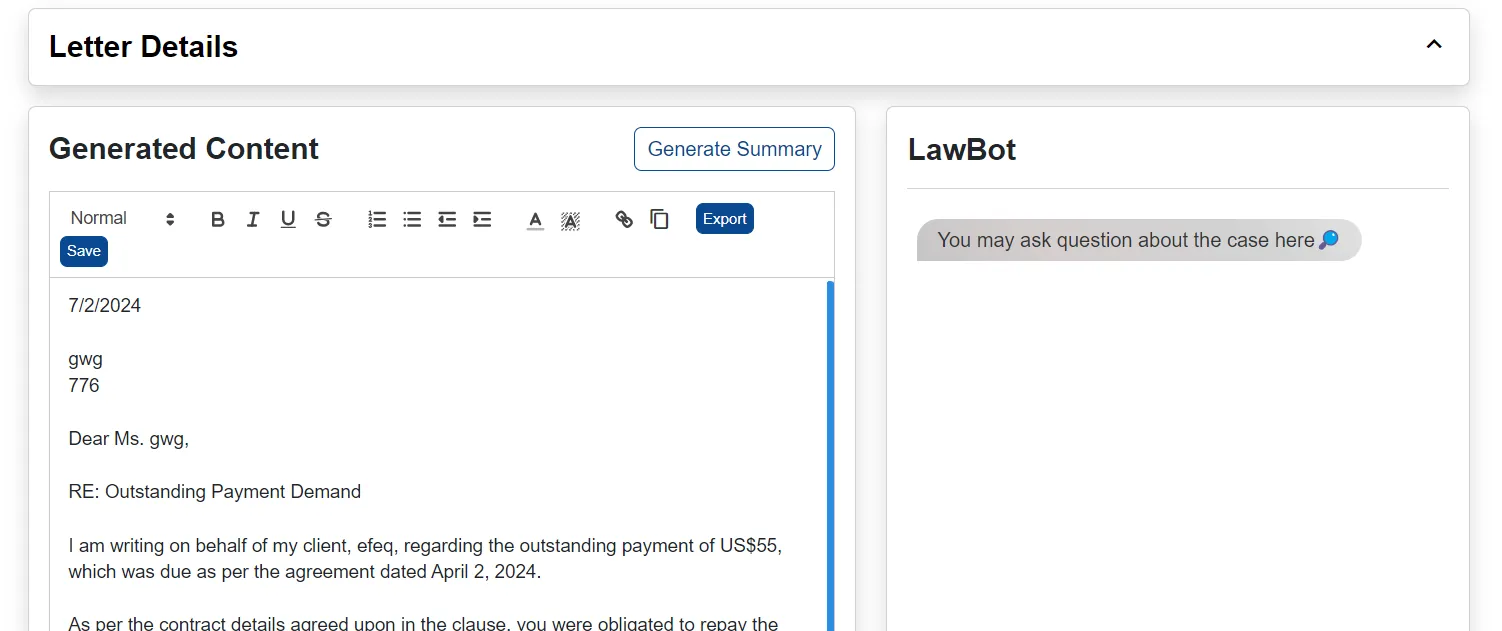 Generated Letter and LawBot