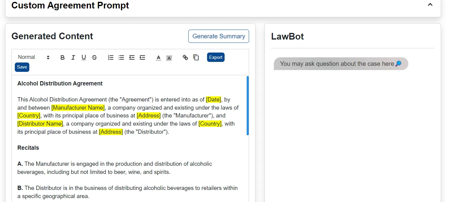 Generated Agreement and LawBot