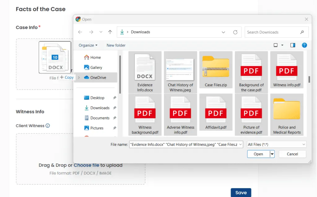 User uploading case files