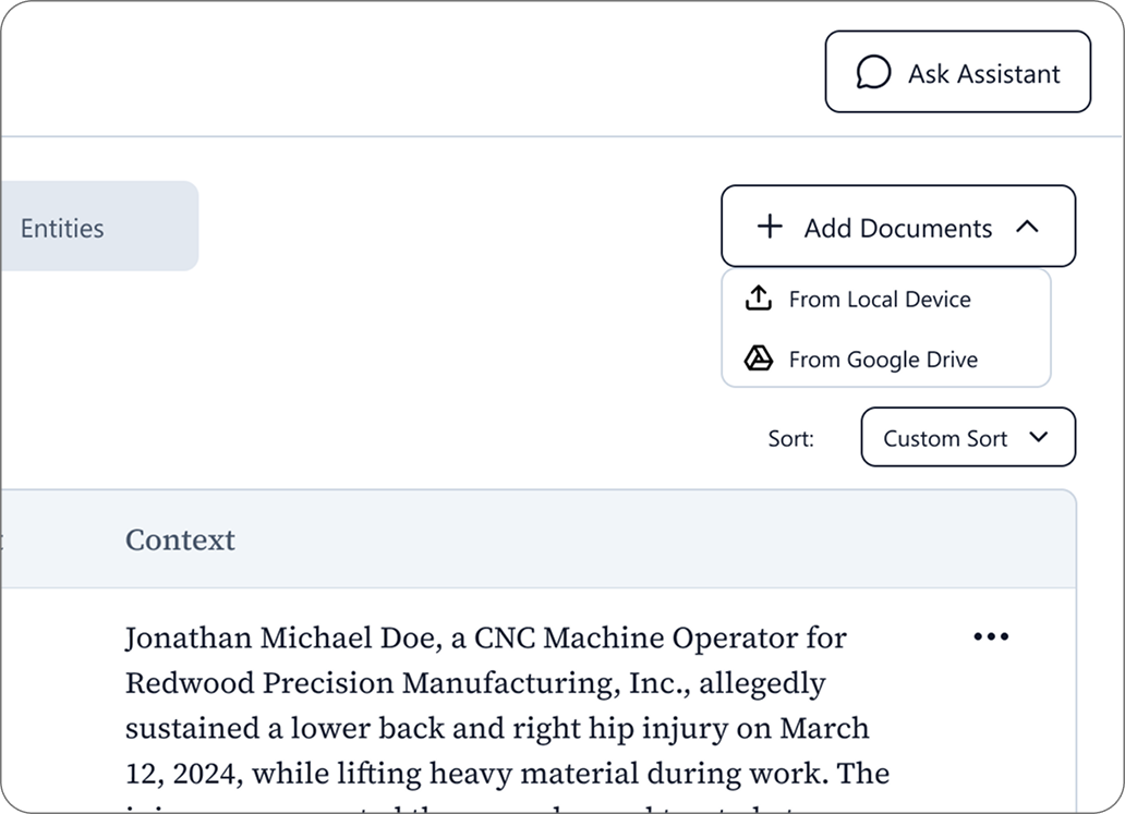 NexLaw Add Documents UI Panel